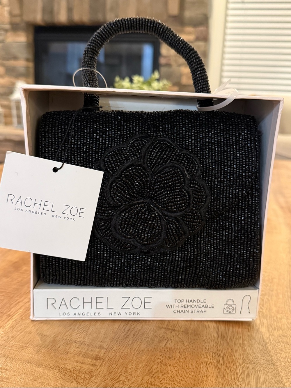 NWT Rachel Zoe Black Beaded Mini Top Handle Crossbody Bag | Floral Evening Purse